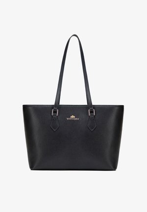 Sac cabas en cuir noir texturé avec deux longues poignées et petit logo doré Wittchen au centre.