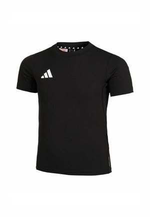 Schwarzes Sport-T-Shirt aus atmungsaktivem Material. Mit kurzen Ärmeln, Rundhalsausschnitt und einem weißen Adidas-Logo auf der Brust.