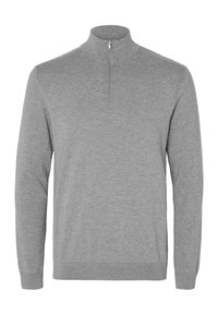 Grå tröja med halvdragkedja, lång ärm, ribbade manschetter och nederkant. Tillverkad av mjukt material med en slät textur.