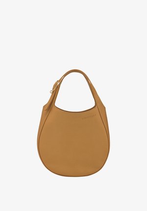 Brown leather hobo bag with a textured surface, flat base, and a single rounded strap. Features embossed logo on the front.