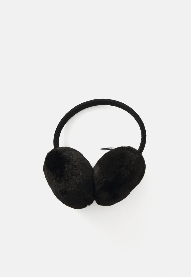 Cuffie nere con una morbida texture in pelliccia sintetica, cuscinetti per le orecchie arrotondati e una fascia sottile e imbottita. Nessun hardware visibile.