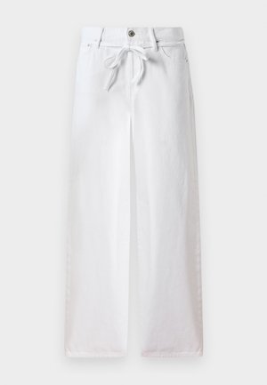 Bela široka hlače iz bombaža. Imajo vrvico za zavezovanje v pasu in gumbasto zapiranje. Gladka tekstura z minimalističnim dizajnom.