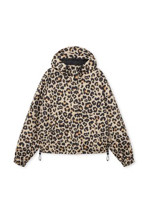 Veste à capuche imprimé léopard avec fermeture éclair à l'avant, taille à cordon de serrage et poignets élastiques.