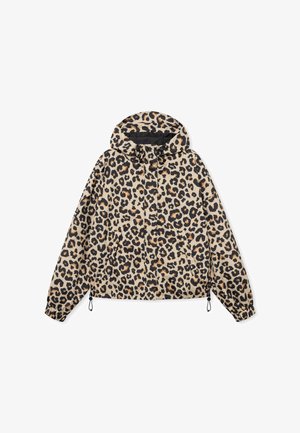 Jachetă cu glugă cu imprimeu de leopard, fermoar frontal, talie cu șnur și manșete elastice.