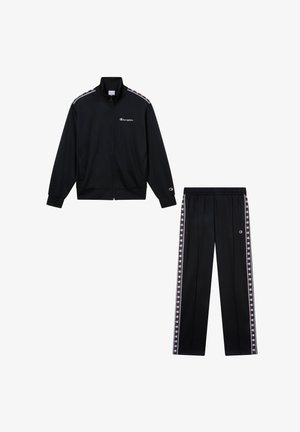 Black tracksuit including a zip-up jacket and matching pants. Features logo and patterned stripes on the sleeves and sides. Smooth fabric.