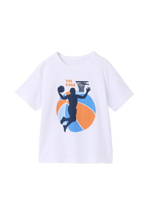 White t-shirt with a navy silhouette of a basketball player dunking, an orange and blue basketball background, and the text "THE DUNK."
