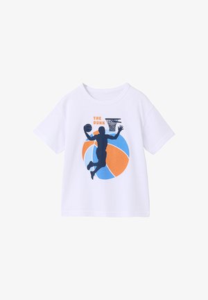 White t-shirt with a navy silhouette of a basketball player dunking, an orange and blue basketball background, and the text "THE DUNK."