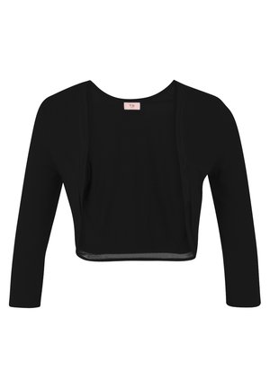 Black cropped cardigan with long sleeves, open front, made of soft fabric. Features a round neckline and subtle stitching detail along edges.