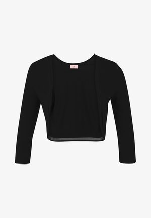 Cardigan corto nero con maniche lunghe, apertura frontale, realizzato in tessuto morbido. Presenta un colletto rotondo e delicati dettagli di cucitura lungo i bordi.