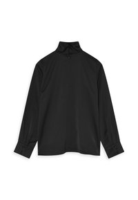 Chemise noire à manches longues avec col haut, fermeture éclair au dos et poignets à boutons. Tissu lisse et léger avec un design simple.