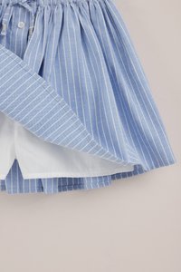 Blauer und weißer, vertikal gestreifter Rock mit Knöpfen und weißem Innenfutter, gezeigt vom unteren Teil vor neutralem Hintergrund.