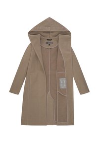 Manteau long et beige à capuche en tissu doux, doté d'une poche avant unique, d'une doublure légère et d'un détail de logo brodé sur la capuche.