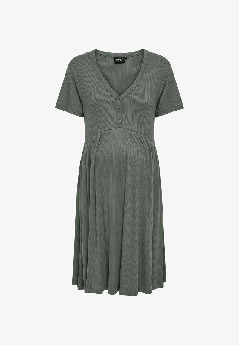 Kratki rukavi, haljina za trudnice u maslinasto zelenoj boji od rebrastog materijala. Ima V-izrez i detalje s gumbima, s lepršavom suknjom koja se nježno spušta.