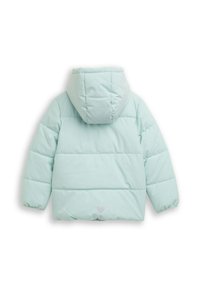 Mintgroene pufferjas met capuchon, doorgestikt textuur, elastische manchetten en een klein hartdetail aan de zoom. Achteraanzicht weergegeven.