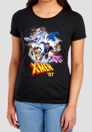 Black t-shirt with colorful animated X-Men characters in action poses and bold yellow-red "X-Men '97" logo.