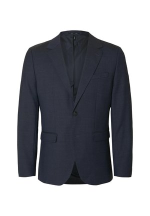 Mörkblå skräddarsydd blazer i texturerat tyg; har en tvåknapplistning, slagkragar och två framfickor. Lämplig för formella tillfällen.