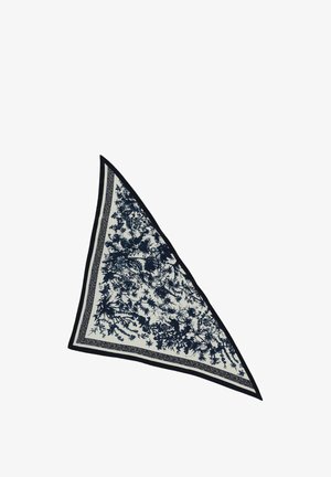 Trójkątny szalik z ciemnoniebieskim kwiatowym wzorem i obramowaniem na białym tle.