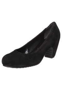 Svart mocka pump med rund tå, en texturerad klack och en slät inredning. Klacken har en unik ribbad design.