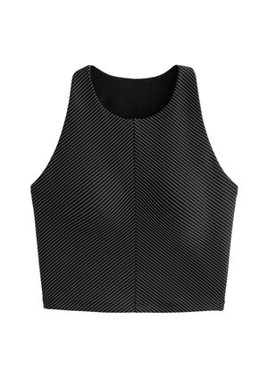 Fekete crop top magas nyakkal és széles pántokkal, átlós fehér csíkos mintázattal a szöveten. Simább textúra.