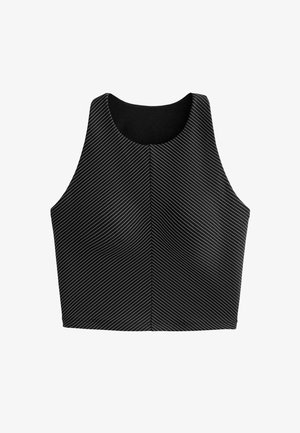 Fekete crop top magas nyakkal és széles pántokkal, átlós fehér csíkos mintázattal a szöveten. Simább textúra.