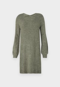 Robe pull en tricot vert olive, avec un col en V, de longues manches bouffantes et un ourlet côtelé. Texture douce avec une coupe légèrement oversize.