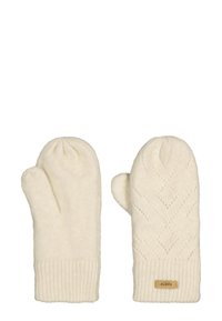 Moufles de couleur crème avec un motif en diamant texturé, en matériau tricoté, et des poignets côtelés. Présence d'une petite étiquette de marque sur une des moufles.