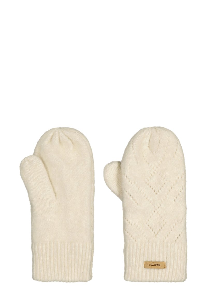 Moufles de couleur crème avec un motif en diamant texturé, en matériau tricoté, et des poignets côtelés. Présence d'une petite étiquette de marque sur une des moufles.