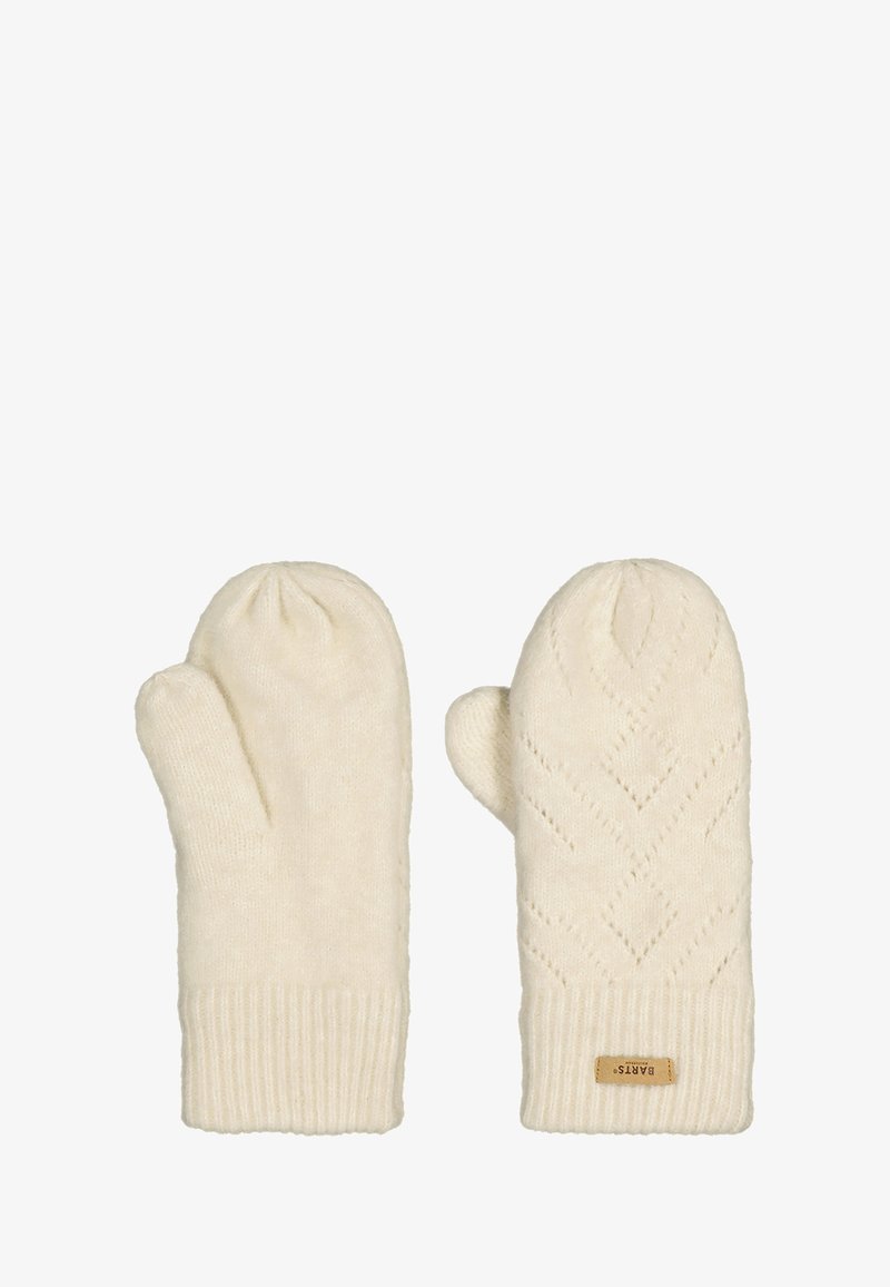 Moufles de couleur crème avec un motif en diamant texturé, en matériau tricoté, et des poignets côtelés. Présence d'une petite étiquette de marque sur une des moufles.