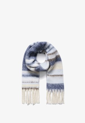 Mīksts vilnas šalle ar ziliem, baltajiem un pelēkajiem svītrām, ar frizētu maliņu. Tekstūras izskatās pūkainas un siltas.