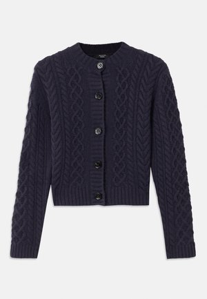 Navy knitted cardigan featuring a cable pattern, round neckline, button front closure with black buttons, and ribbed hem and cuffs.
