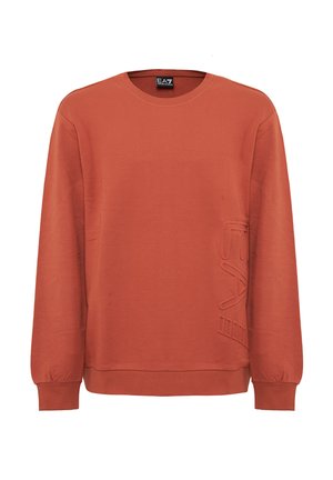 Felpa color ruggine con collo a giro, maniche lunghe e polsini a coste. Presenta il logo testurizzato 'EA7' sul lato sinistro. Realizzata in tessuto morbido.