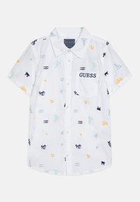 Camicia bianca a maniche corte con ricami nautici multicolore, dotata di colletto a pieghe e taschino sul petto.