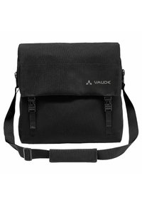 Borsa a tracolla nera con pattina ripiegabile, realizzata in tessuto resistente, dotata di spallacci regolabili, dettagli con logo e due chiusure a fibbia.
