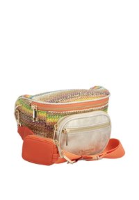 Colorful woven fanny pack with orange adjustable strap and metallic gold front pocket, featuring gold zipper closures and a small orange pouch.