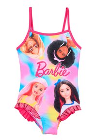 Maillot de bain une pièce avec un imprimé graphique coloré de Barbie, des accents roses, des fines bretelles et des volants roses au niveau des ouvertures des jambes.