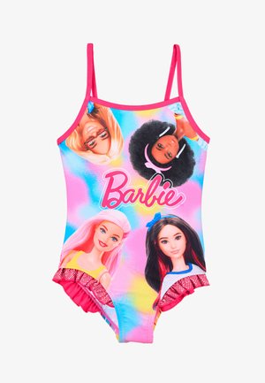 Jednoczęściowy strój kąpielowy z kolorowym nadrukiem graficznym Barbie, różowymi akcentami, cienkimi ramiączkami oraz falbaną w różowym kolorze przy nogawkach.