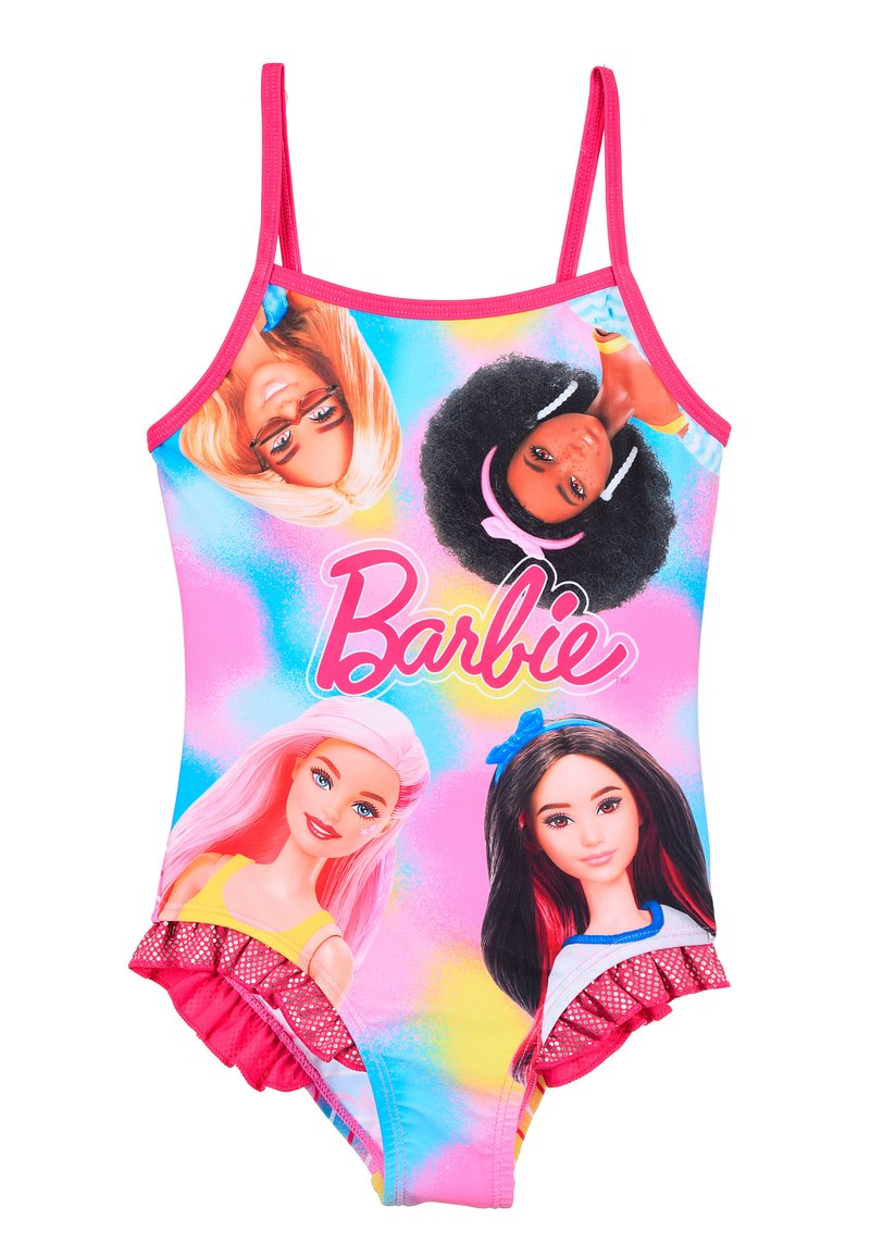Maillot de bain une pièce avec un imprimé graphique coloré de Barbie, des accents roses, des fines bretelles et des volants roses au niveau des ouvertures des jambes.