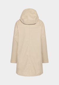 Beige vedenpitävä takki hupulla, jossa on sileä pinta, suora leikkaus ja pitkät hihat. Takana näkyy saumakuviointi.