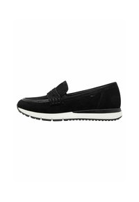Mustad nubukist loafers, mille reljeefne riba ja valge kummitald. Omab voolujoonelist disaini peente õmblustega ja pehmendatud sisetaldaga.