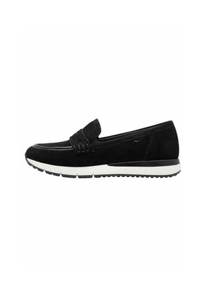 Mocassini neri in suede con una fascia texturizzata e suola in gomma bianca. Presentano un design slanciato con cuciture sottili e una soletta ammortizzata.