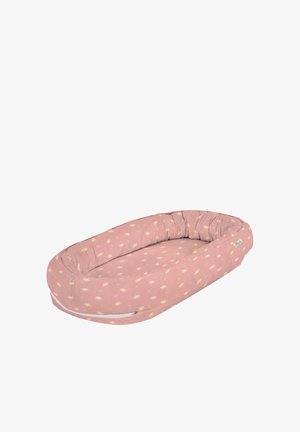 Soft pink baby nest with small white feather patterns, a padded cushioned edge, and a tag on the side.