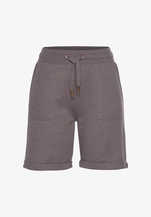 Pantaloni corti in misto cotone grigio con vita a cordoncino, orli arrotolati e due tasche frontali. Gli accessori in tonalità oro dettagliavano le estremità del cordoncino.