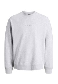 Light gray crewneck sweatshirt made from soft material, featuring a subtle logo in a darker shade and ribbed cuffs and hem.