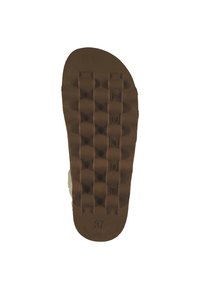 Plantilla de zapato de goma marrón con una superficie texturizada de patrón en cuadrícula y el logo en relieve "ROHDE" y tamaño "37."