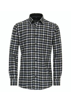 Karierte Hemd in Navy, Grau und Weiß; lange Ärmel; Knopfleiste; eine Brusttasche; weiches Flanellmaterial; normale Passform.