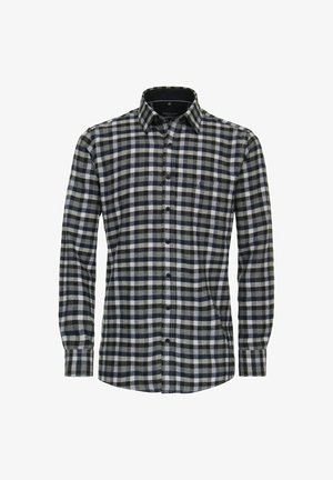 Karierte Hemd in Navy, Grau und Weiß; lange Ärmel; Knopfleiste; eine Brusttasche; weiches Flanellmaterial; normale Passform.