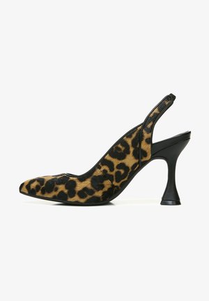Leopard print slingback pump with a pointed toe, made from textured fabric, featuring a slim black heel and back strap for support.