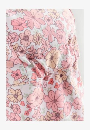 Floral textile featuring a variety of pink and yellow flowers on a white background. Soft, lightweight fabric with a fine, smooth texture.