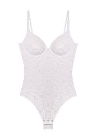 Body alb din dantelă cu bretele reglabile, cupe moldate, model floral și închizători tip snap la între picioare.