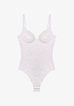 Bodysuit en dentelle blanche avec bretelles réglables, bonnets moulés, motif floral et fermetures à pression à l'entrejambe.